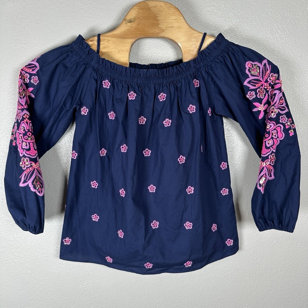 Lilly Pulitzer Jaeda Top Off-the-Shoulder Blouse Top Small Navy Pink Embroidered